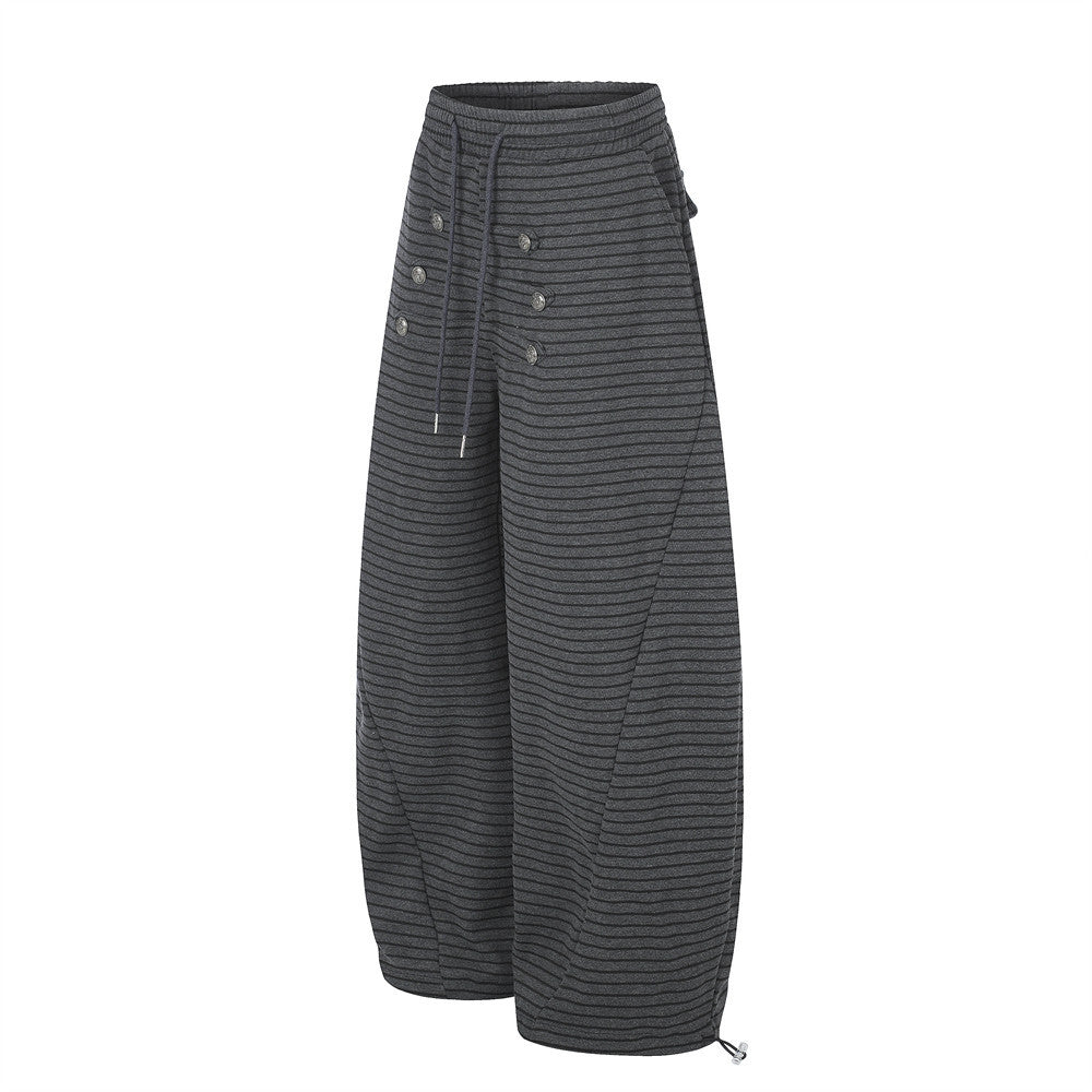 Pantalón de Pierna Ancha a Rayas para Hombre con Cintura de Cordón y Botones Cruzados