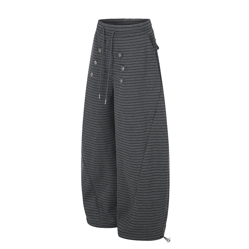 Pantalón de Pierna Ancha a Rayas para Hombre con Cintura de Cordón y Botones Cruzados