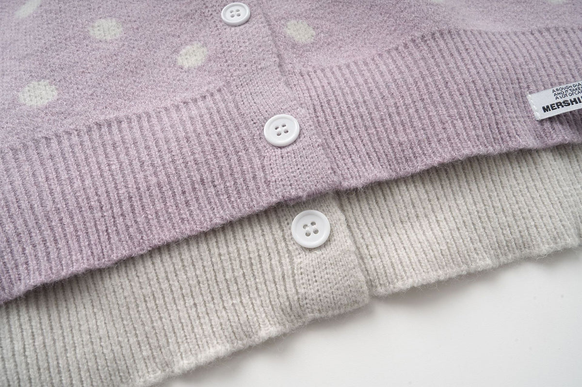 Polka Dot Knit Cardigan Sweater – Cropped Button-Up Knitwear