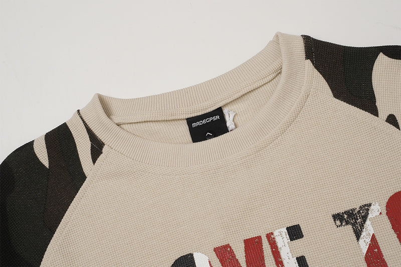 Baggy Long Sleeve Shirt – Camo Raglan Sleeves & Vintage Rock Graphic