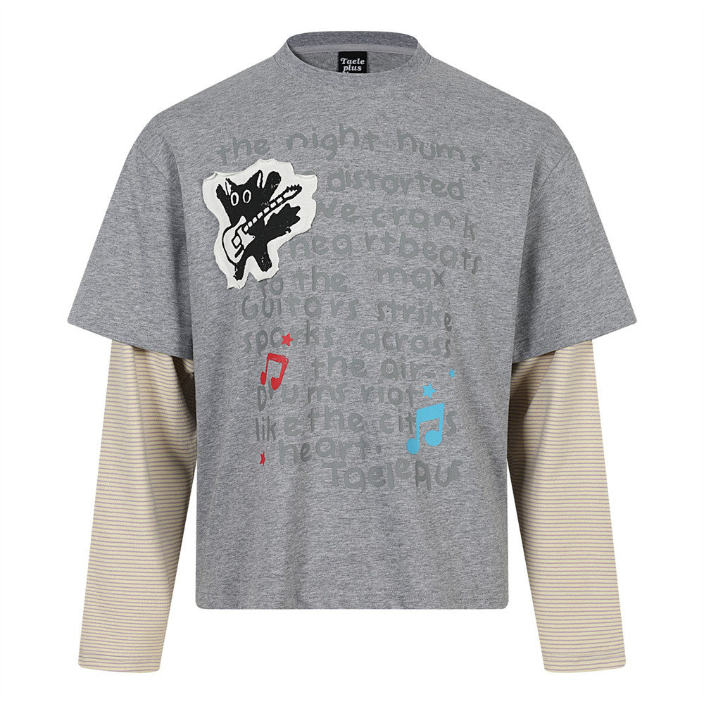 Layered-Look Graphic Long Sleeve Tee with Striped Contrast Sleeves