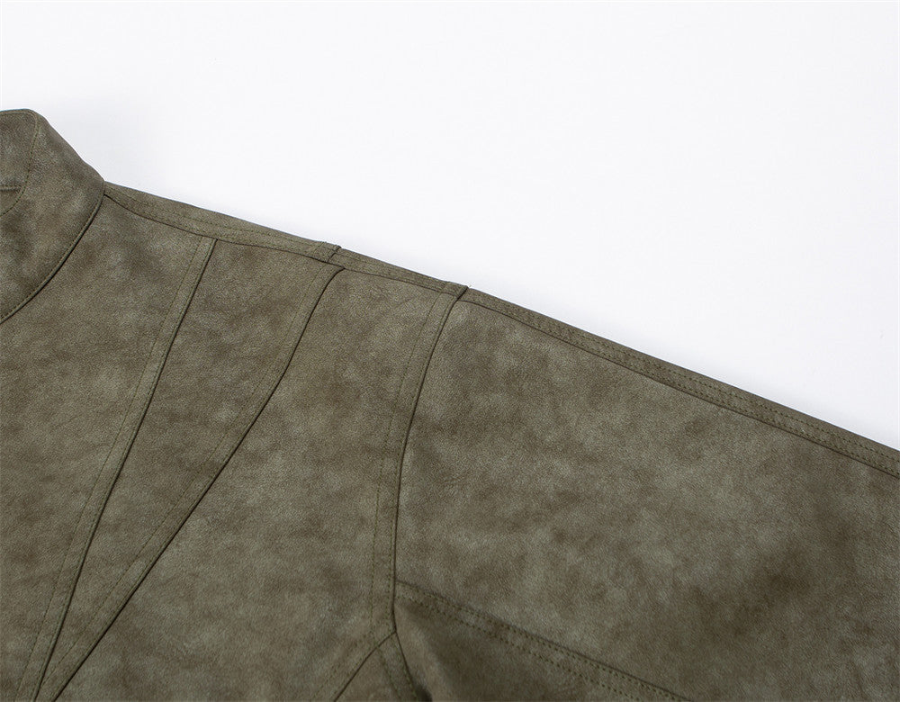 Mens Distressed Leather Jacket Oversized PU Bomber with Stand Collar — Olive