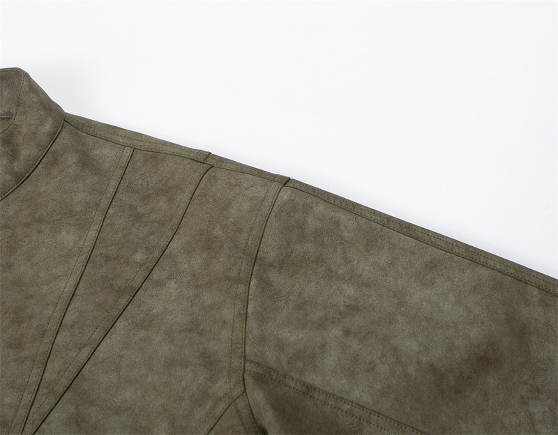 Mens Distressed Leather Jacket Oversized PU Bomber with Stand Collar — Olive