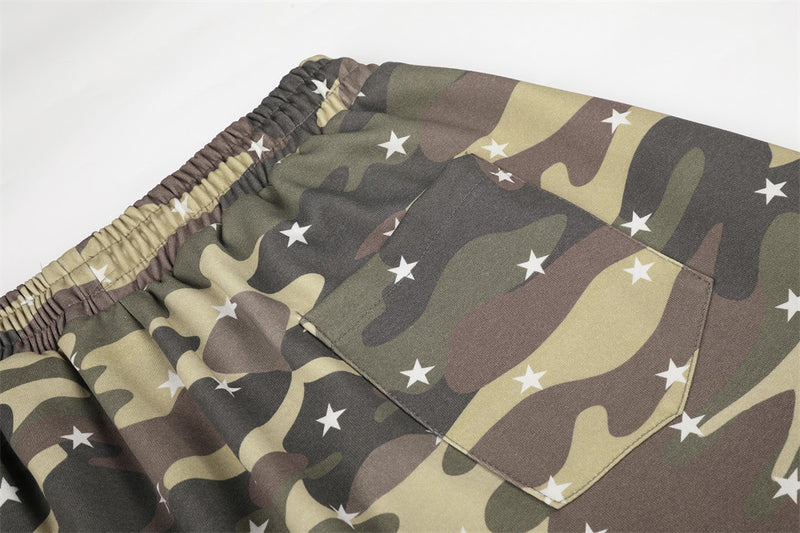 Close-up of back pocket on camo pants with star print