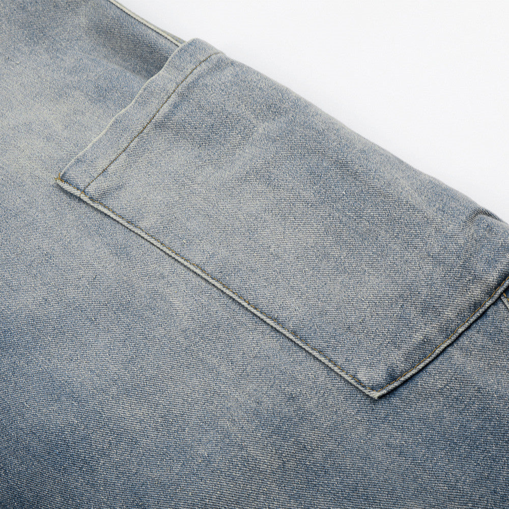 Vaqueros cargo de pierna ancha para hombre: denim lavado con cintura de punto y bolsillos laterales