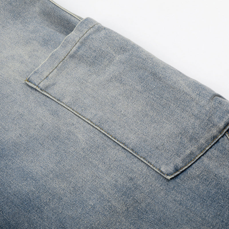 Vaqueros cargo de pierna ancha para hombre: denim lavado con cintura de punto y bolsillos laterales