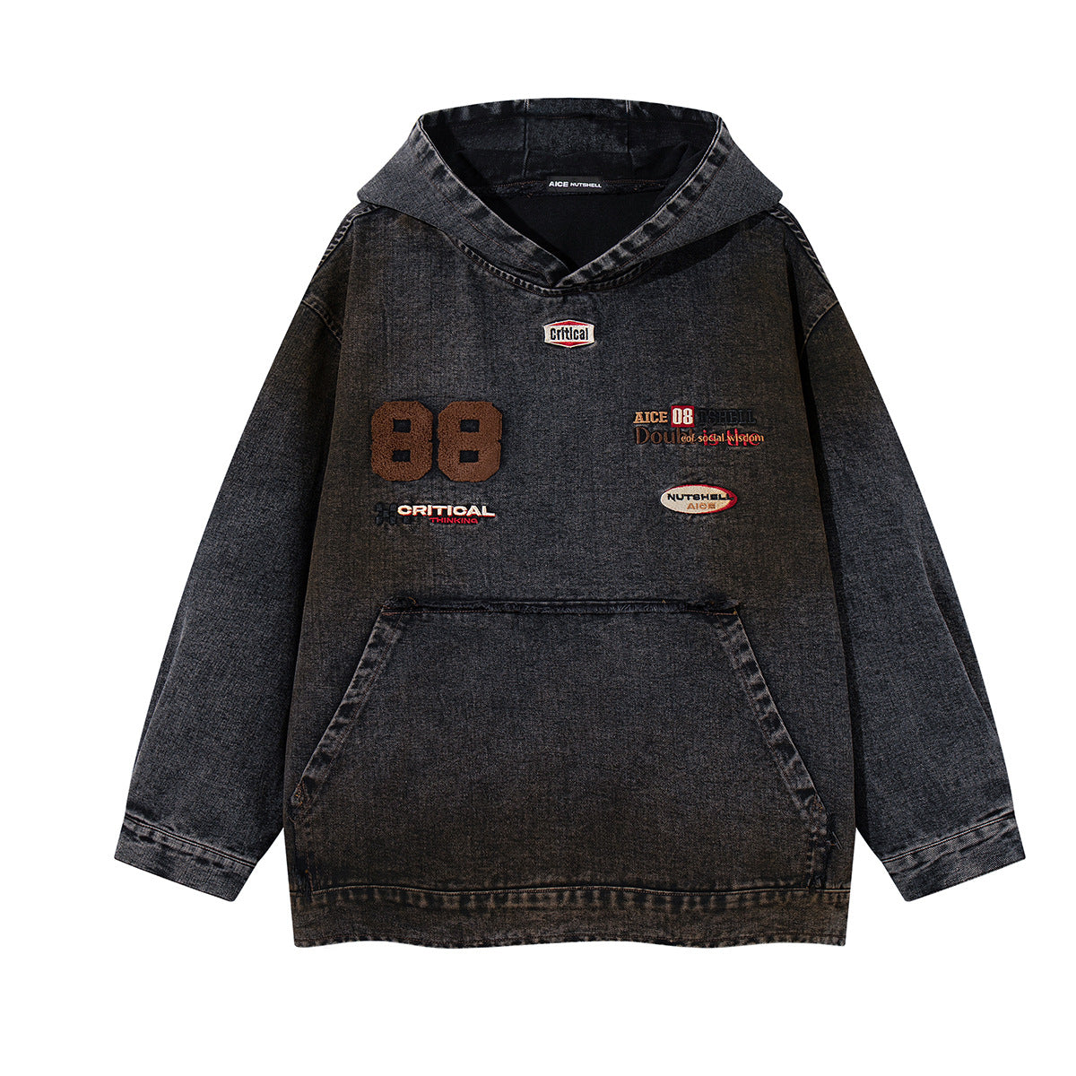 Oversized boxy acid-washed denim hoodie jacket with 88 chenille patch and embroidered badges in charcoal black colorway