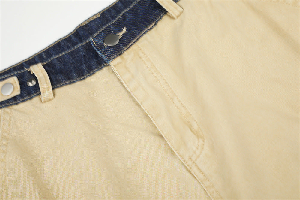 Herren-Cargohose in Khaki mit weitem, geradem Bein und kontrastierendem Denim-Bund