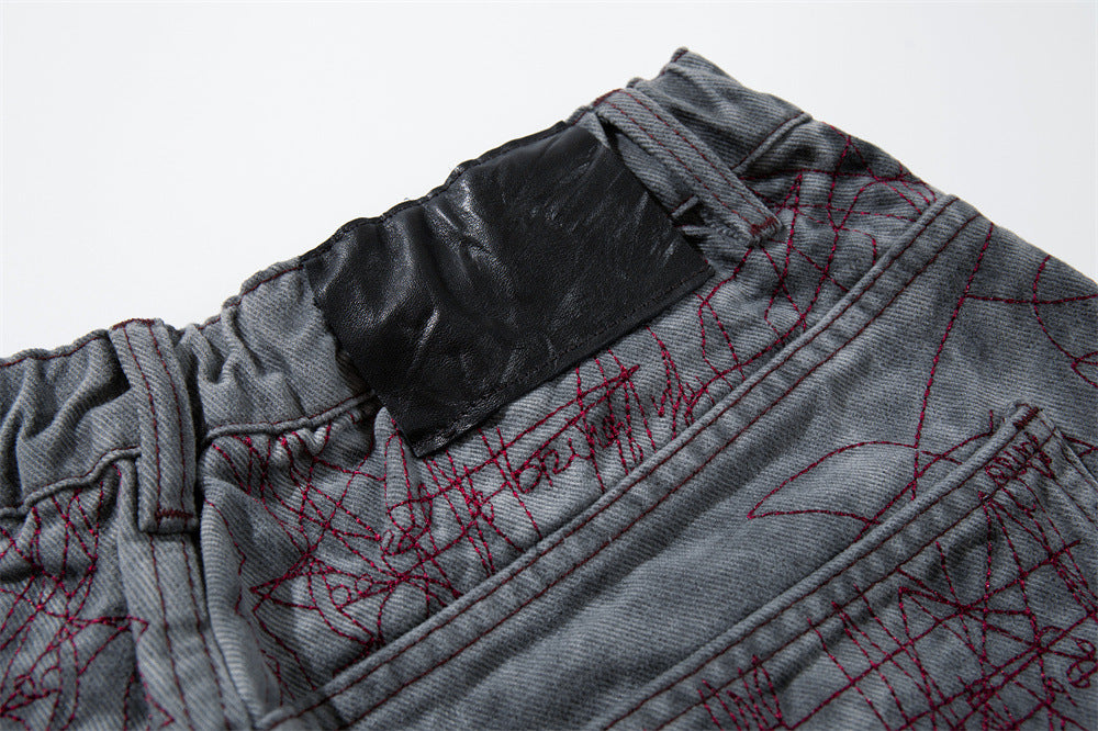 Wide-Leg Denim Shorts with All-Over Graffiti Embroidery – Punk Washed Grey