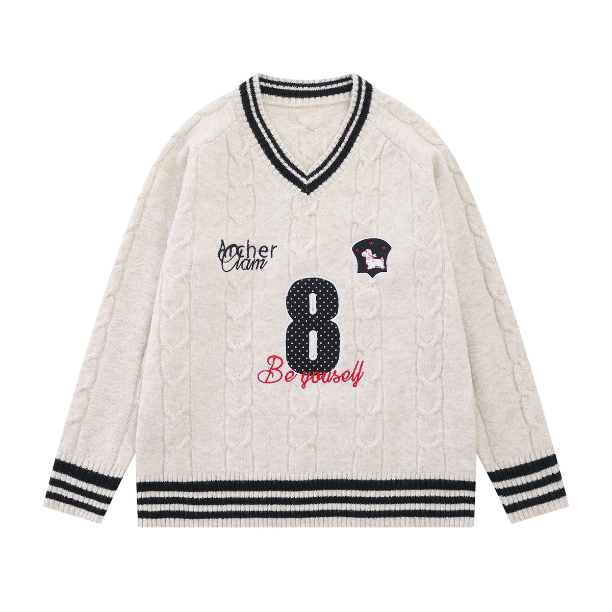 Cable Knit V-Neck Varsity Sweater – Number 8 Collegiate Pullover