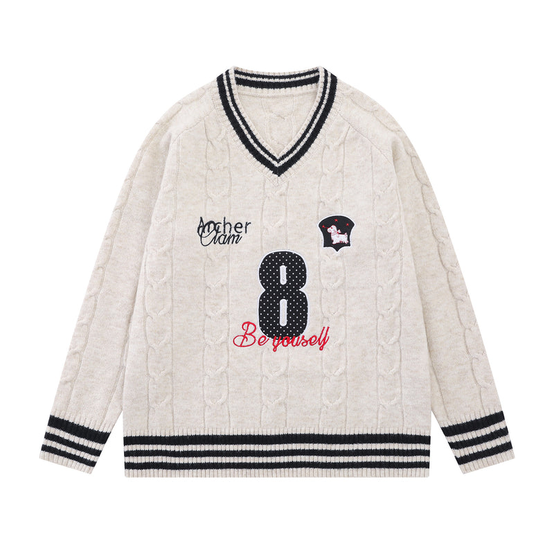 Cable Knit V-Neck Varsity Sweater – Number 8 Collegiate Pullover