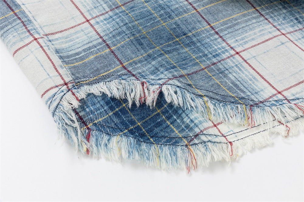 Oversized Washed Plaid Long Sleeve Shirt with Denim Patch Detail