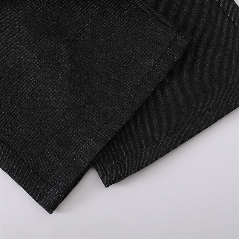 Black Baggy Flare Cargo Jeans – Wide Leg Denim with Rivet & Patch Detail