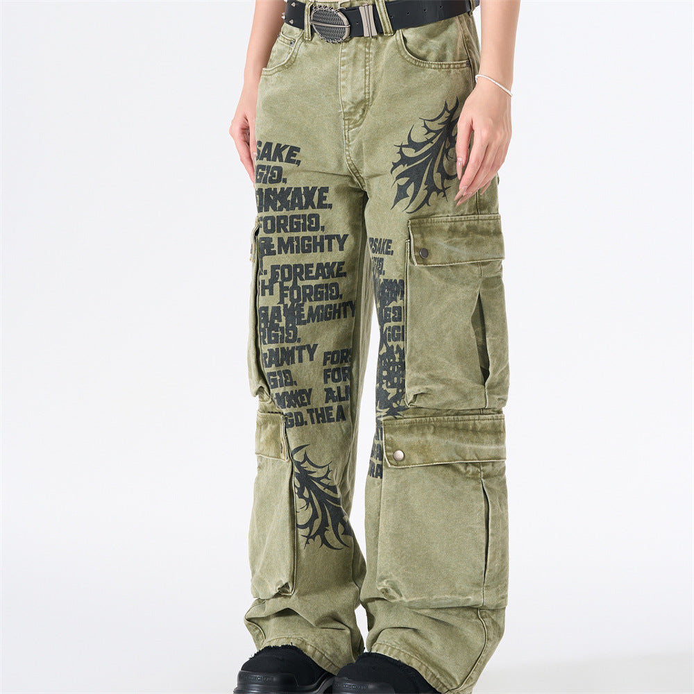 Wide-Leg Cargo Pants with Tribal Graphic & Letter Print – Acid Wash Army Green