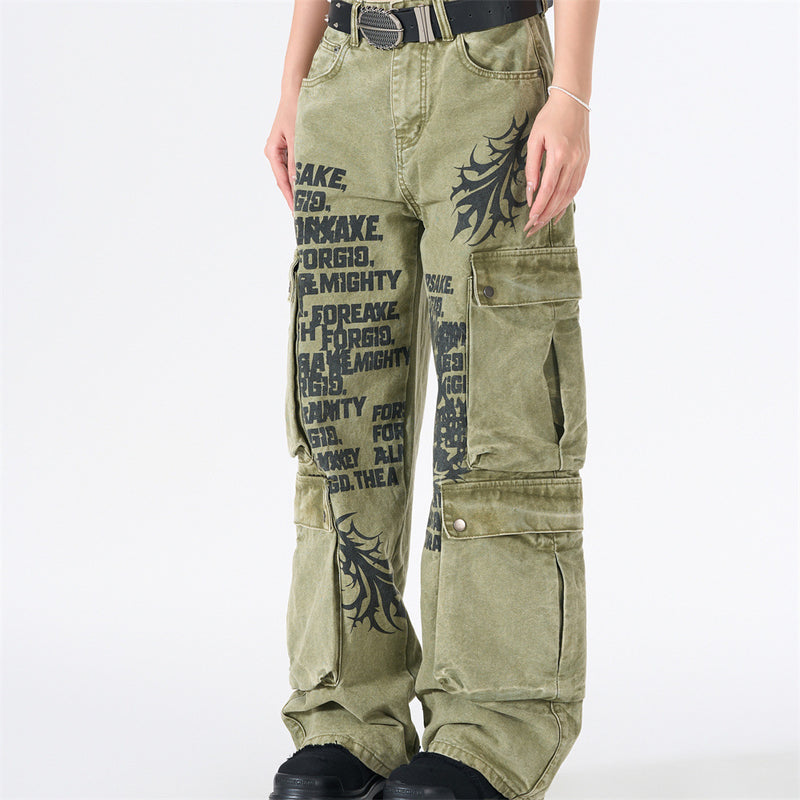 Wide-Leg Cargo Pants with Tribal Graphic & Letter Print – Acid Wash Army Green