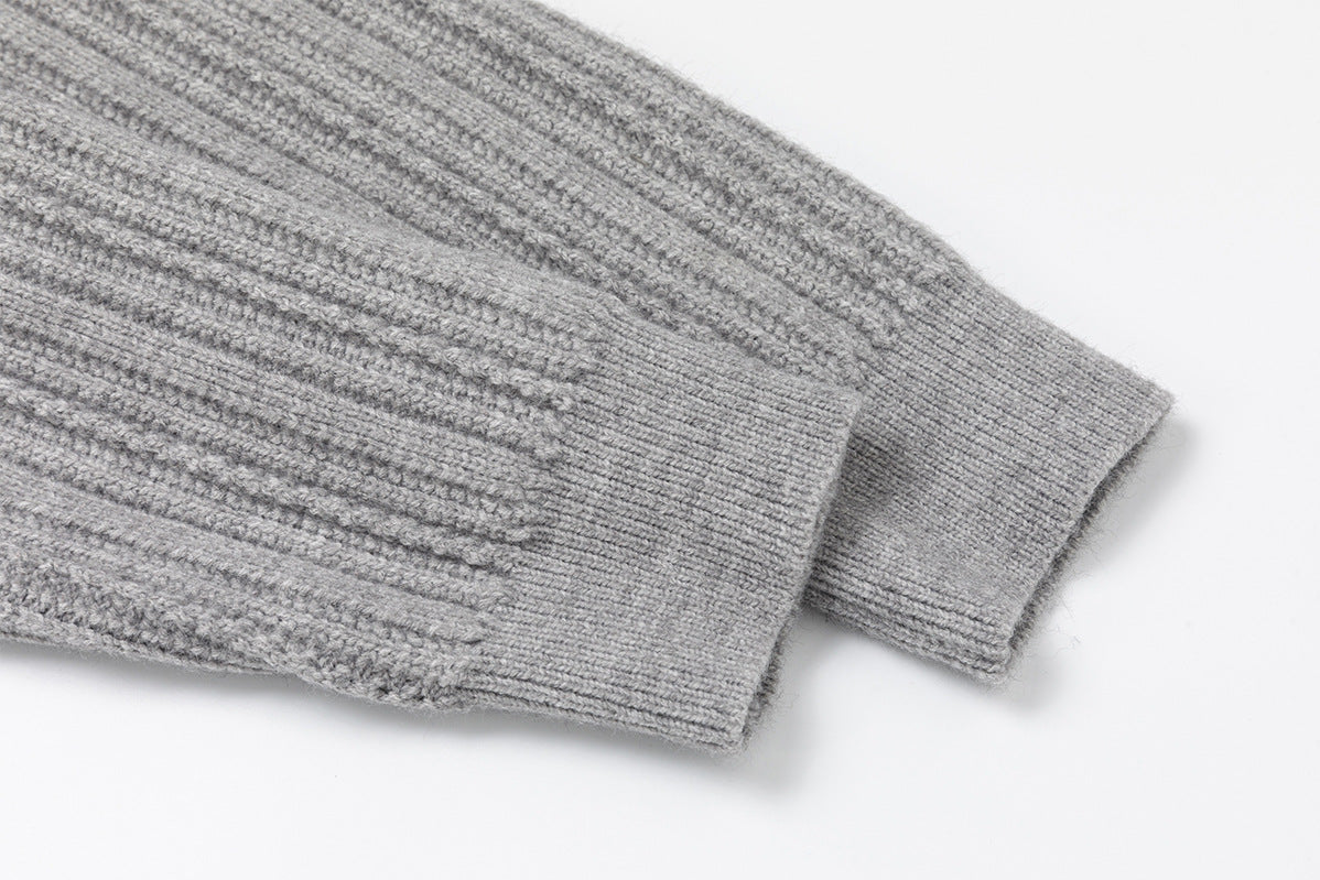 Ribbed Knit Sweater with Detachable Faux Fur Collar — Grey