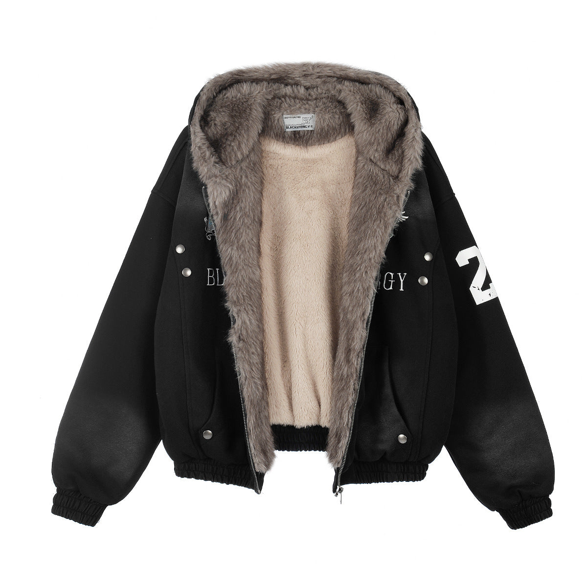 Black Energy Faux Fur-Lined Hooded Bomber Jacket – Washed Fleece Winter Coat