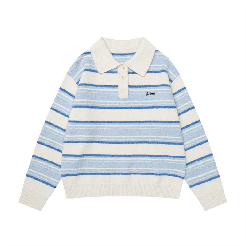 Striped Polo Collar Knit Sweater – Blue & White Horizontal Stripe Pullover