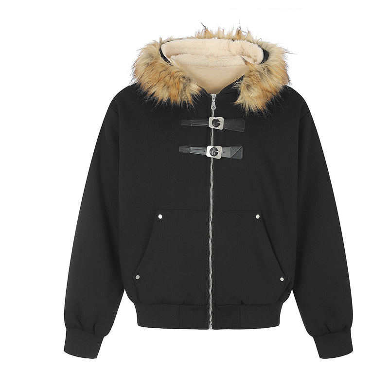 Faux Fur Trim Hooded Zip Jacket with Sherpa Lining & Buckle Detail