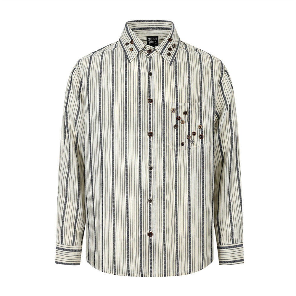 Men's oversized cream and navy vertical stripe long-sleeve button-up shirt with decorative brown resin buttons and chest pock
