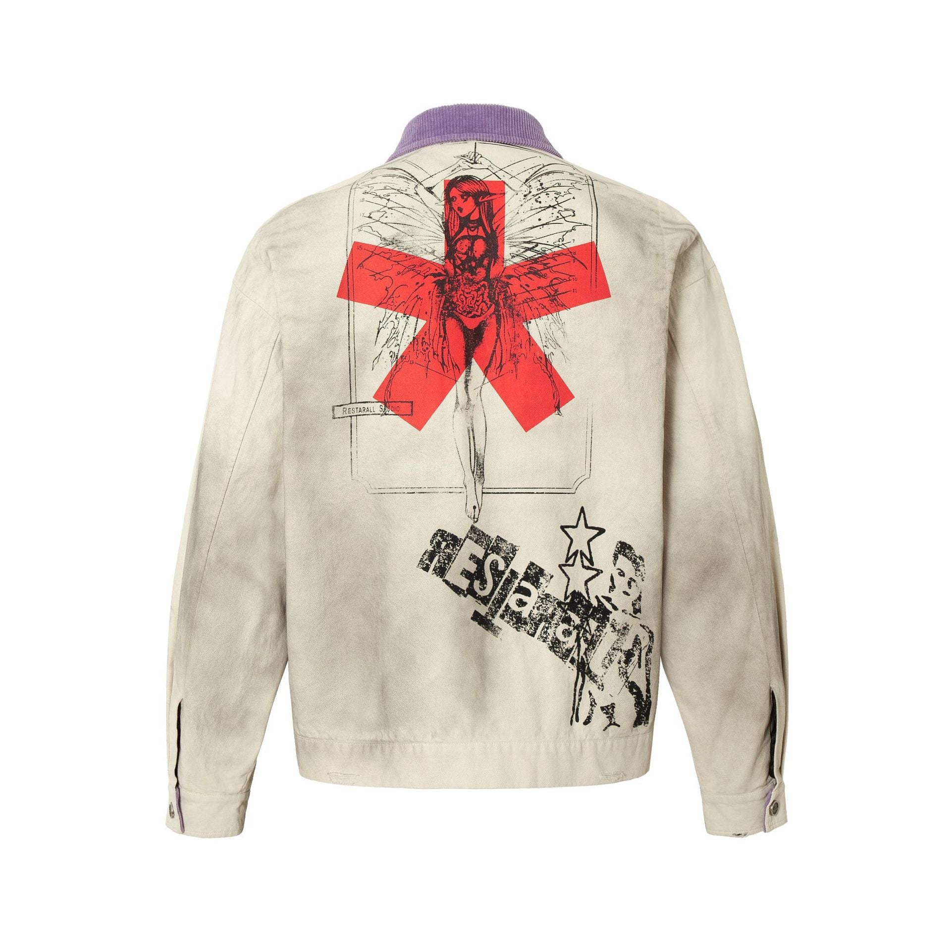 Veste zippée à imprimé graphique – Coton délavé effet usé, col violet et badge