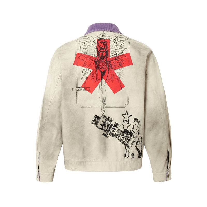 Veste zippée à imprimé graphique – Coton délavé effet usé, col violet et badge