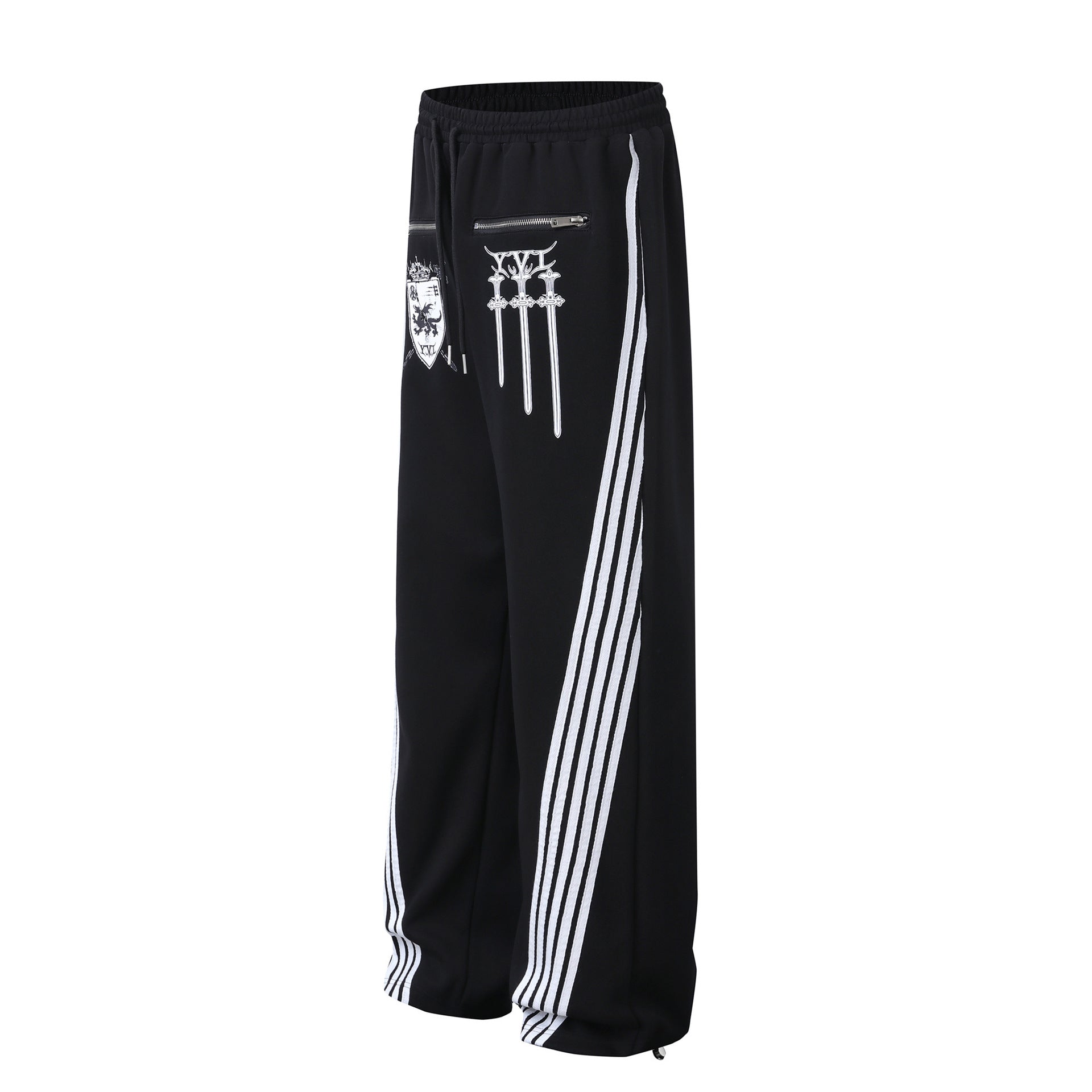Pantalon de survêtement à jambes larges avec graphisme héraldique et détails latéraux multibandes