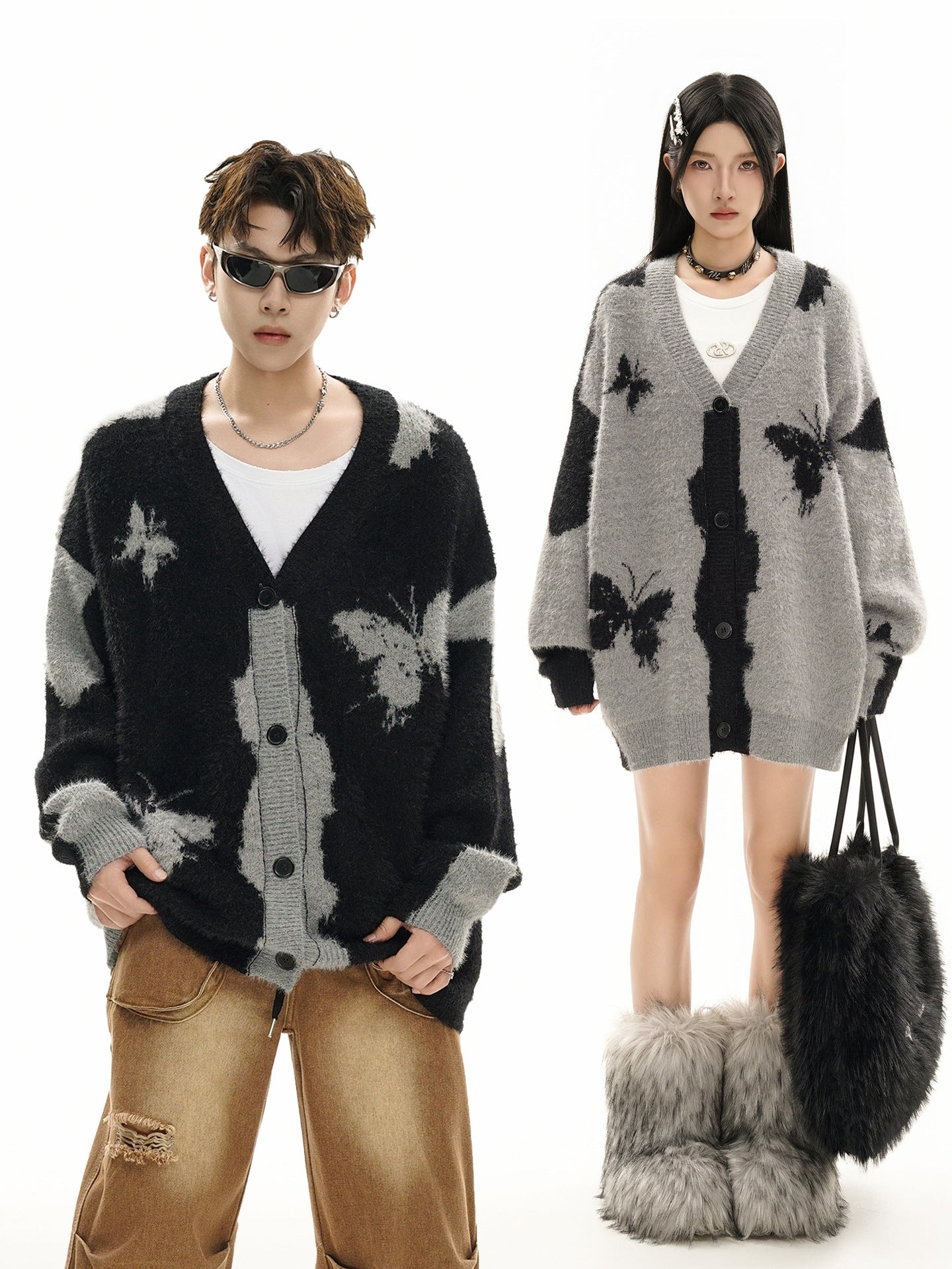 Gilet cardigan en maille jacquard papillon – Col V oversize, maille couple