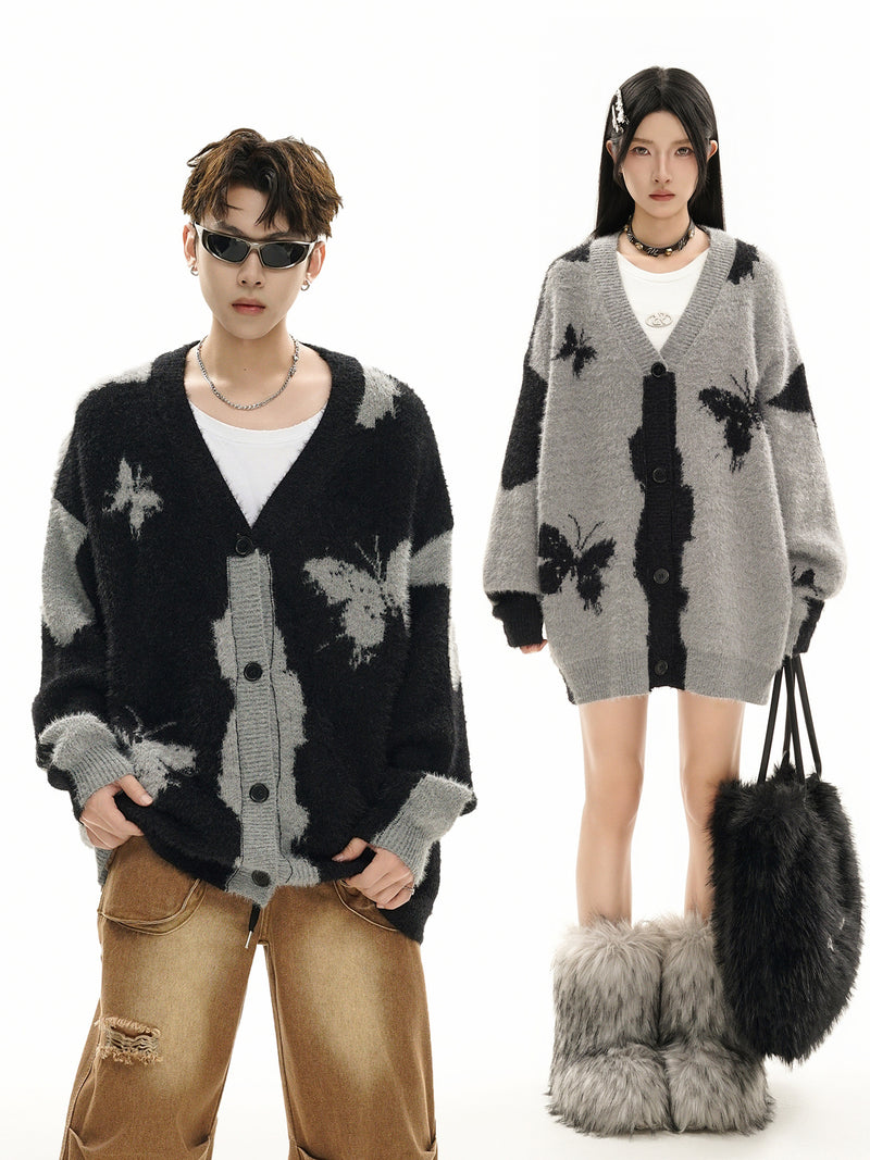 Gilet cardigan en maille jacquard papillon – Col V oversize, maille couple