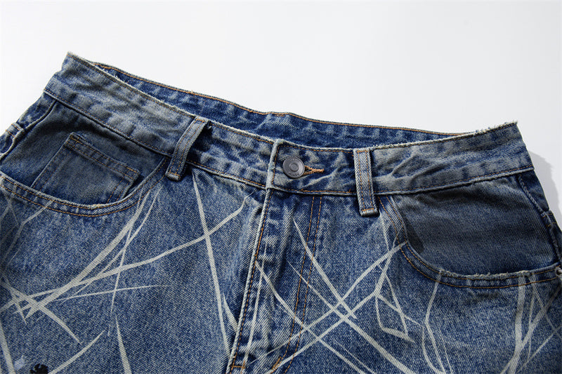 Wide-Leg Jeans with Paint Splatter & Distressed Scratch Print — Grunge Baggy Fit