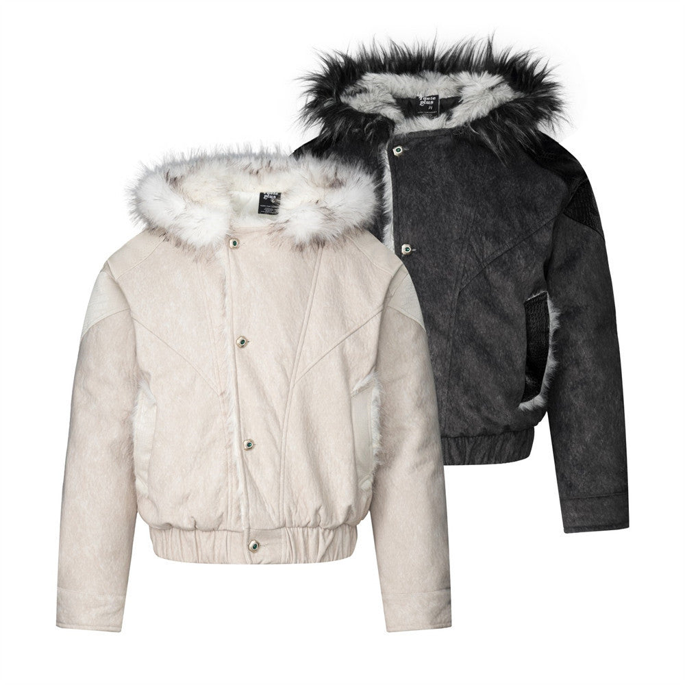 Men's Faux Fur Trim Hooded Bomber Jacket with PU Leather Panel & Snap Buttons