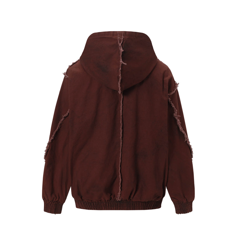 Men's Washed Distressed Zip-Up Hooded Jacket with Raw-Edge Patchwork