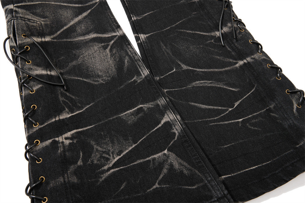Men's Bell Bottom Jeans – Black Acid Wash Flare Leg with Lace-Up Hem & Button