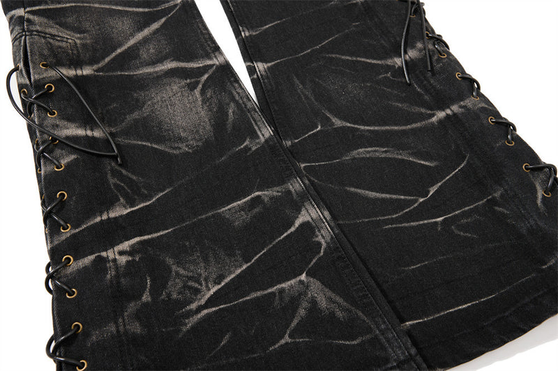 Men's Bell Bottom Jeans – Black Acid Wash Flare Leg with Lace-Up Hem & Button
