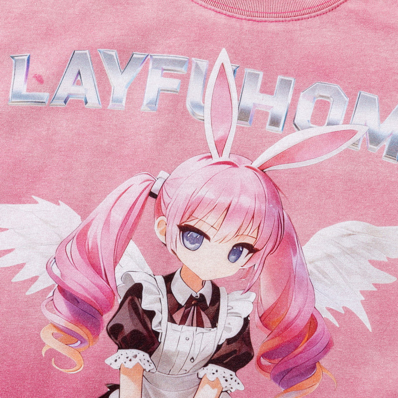 Camiseta gráfica rosa para hombre – Camiseta extragrande lavada al ácido con ángel maid de anime