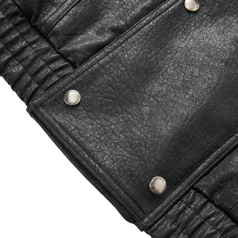 Men's Brown Leather Jacket PU Moto-Style High Collar Snap Button Bomber