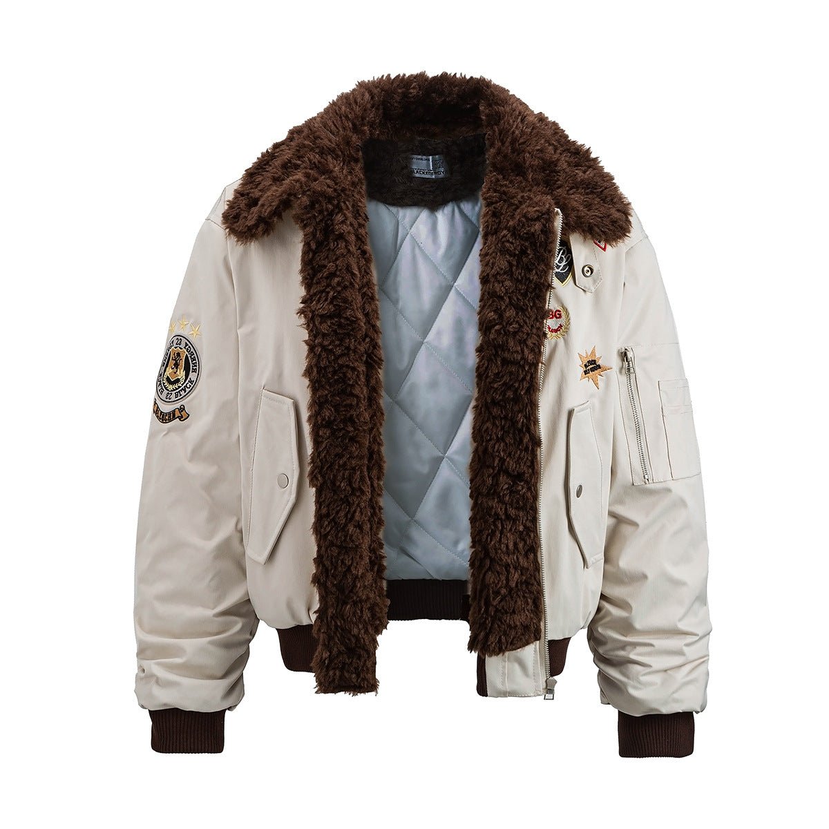 Patch Bomber Jacket with Shearling Collar – Quilted Lined Flight Jacket