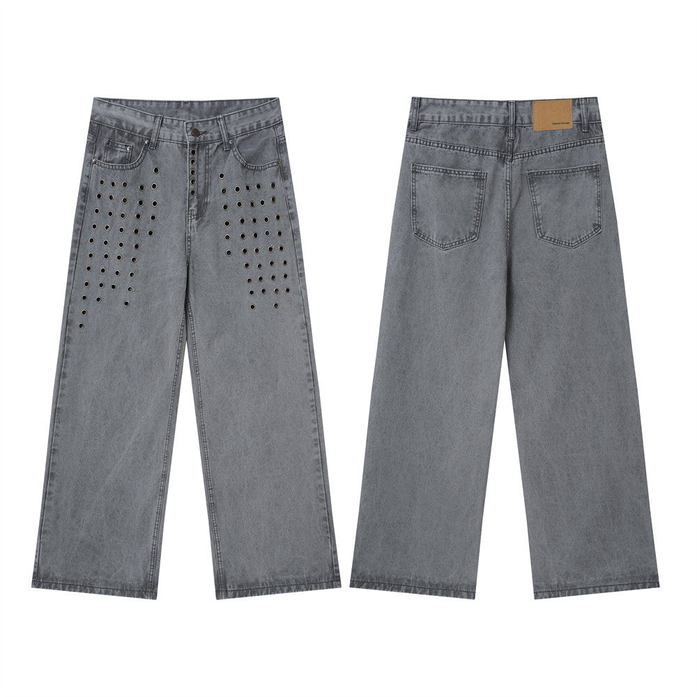 Men's baggy straight-leg washed grey jeans with metal eyelet grommet detail on front thighs, front and back view