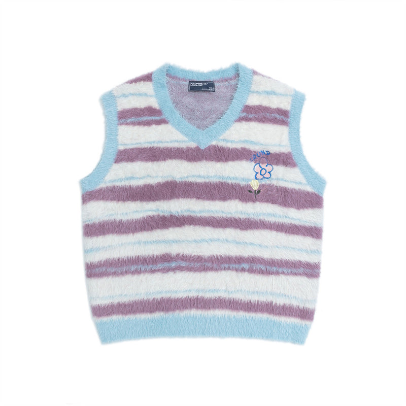 Gilet pull rayé col V – Pull sans manches en maille duveteuse