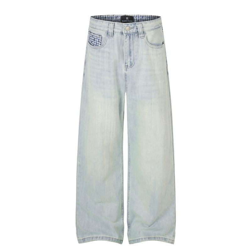 Jean homme à jambes larges, délavage clair, denim vintage déstructuré et empiècements vichy