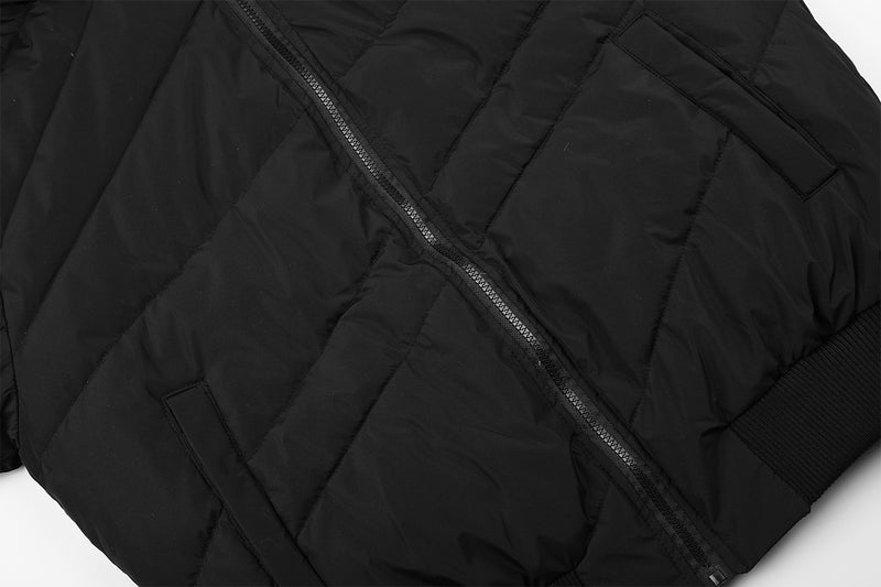 Puffer Bomber Jacket with Faux Fur Hood – Diagonal Quilted Short Winter Coat