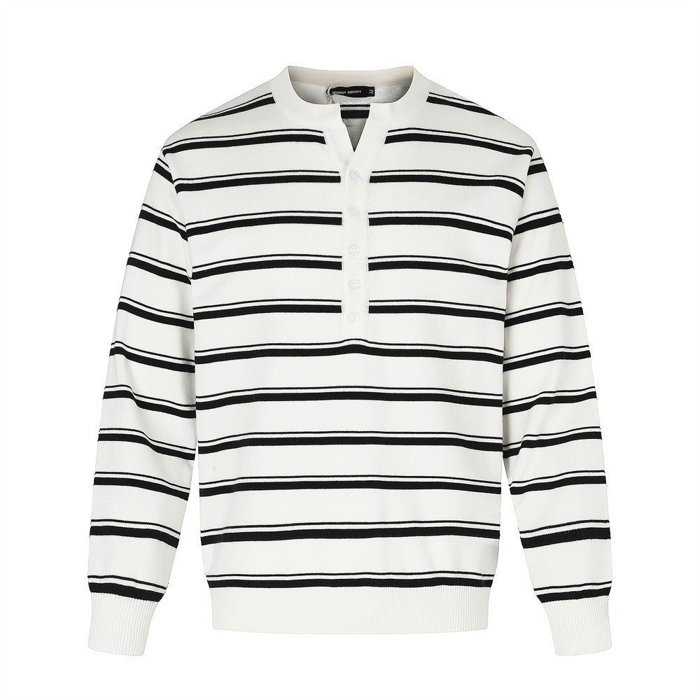 Pull polo homme à manches longues – Maille rayée à col tunisien