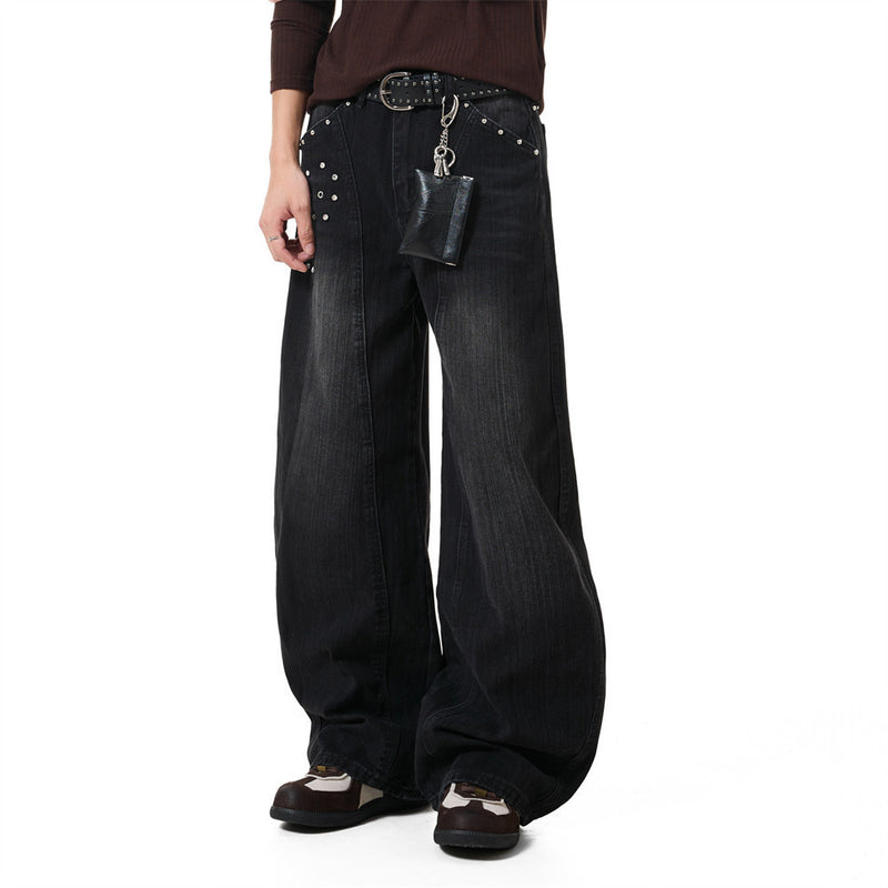 Men's Baggy Black Jeans Wide-Leg Rivet Punk Washed Denim Pants