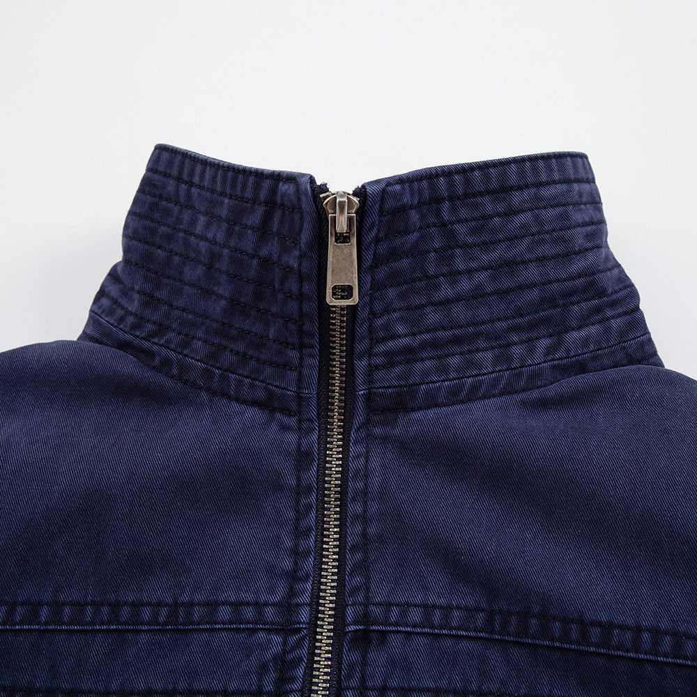 Men's Vintage Washed Stand-Collar Zip Jacket with Deconstructed Panel Seaming