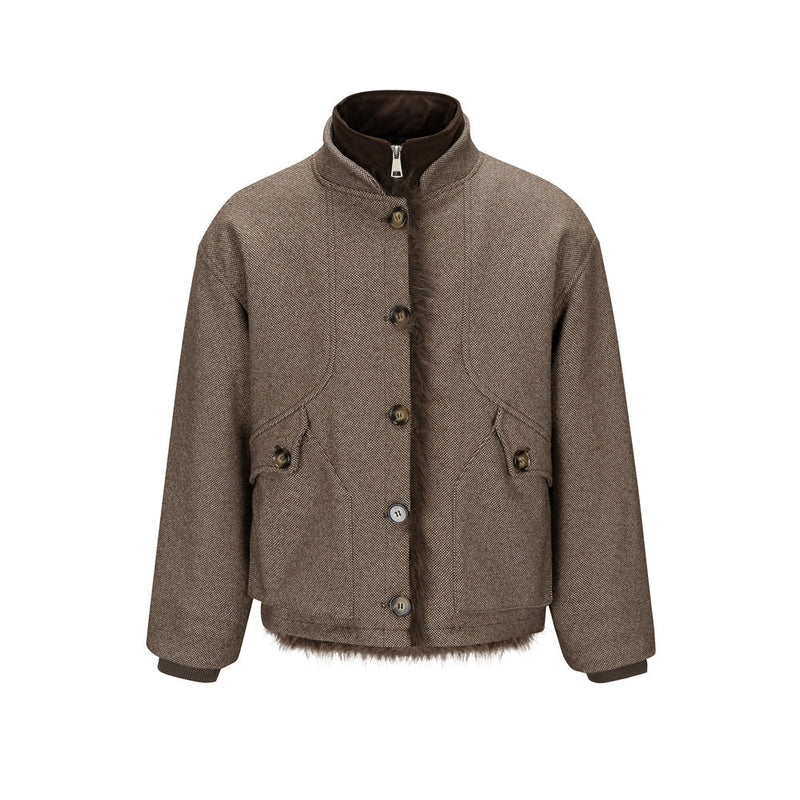 Retro-Tweedjacke mit Stehkragen, Kunstpelzbesatz und gestepptem Futter