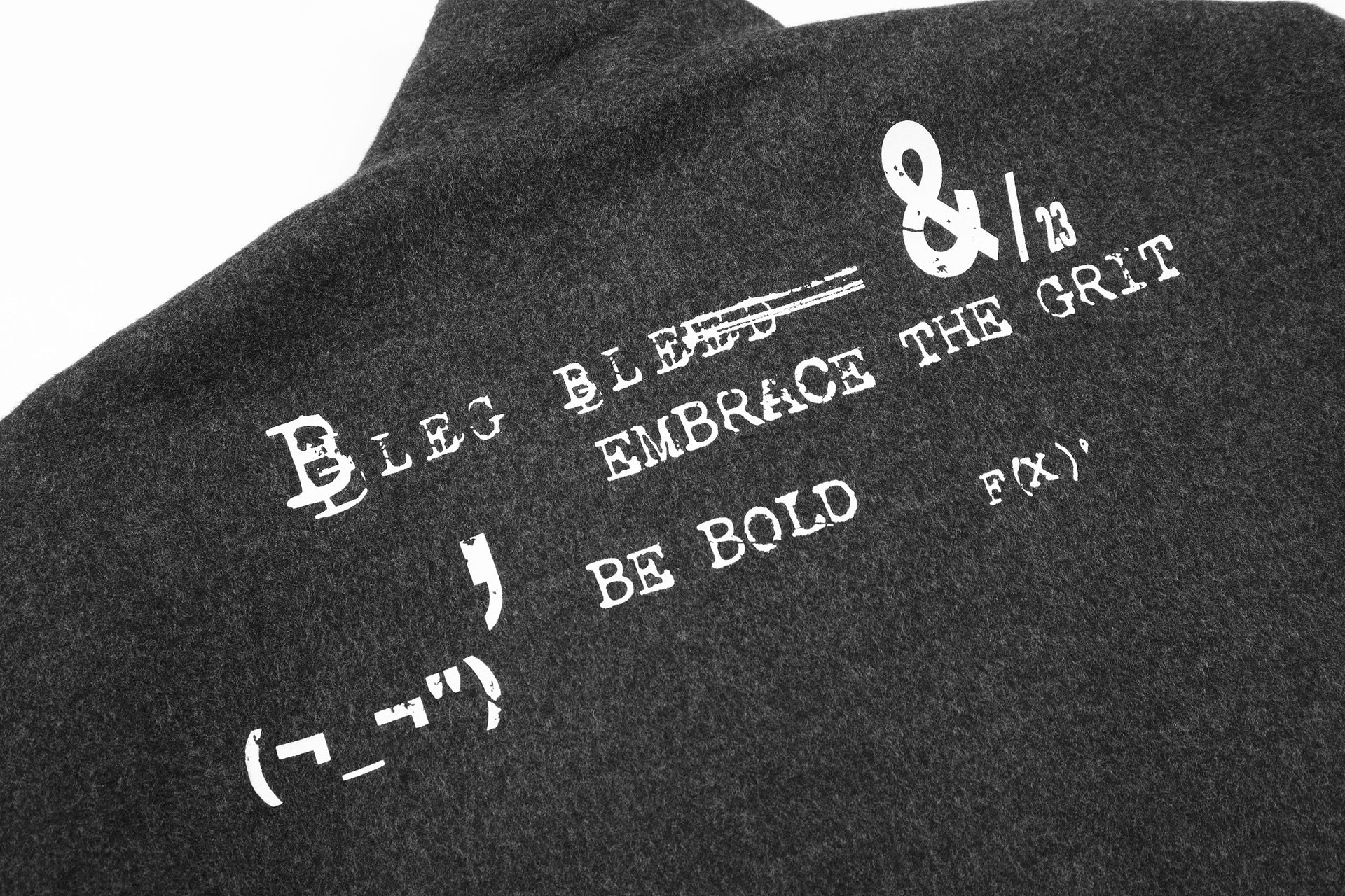 Chaqueta motera de mezcla de lana gris carbón con letras gráficas y cremallera asimétrica