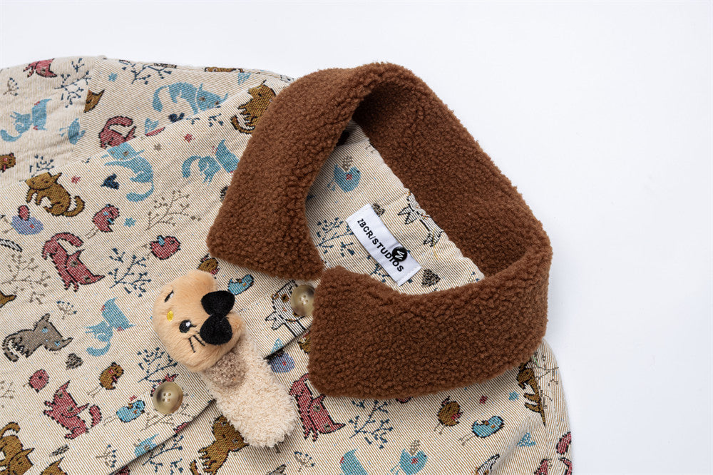 Cartoon Cat Allover Print Jacket with Fleece Collar & 3D Bear Clasp, Relaxed Fit