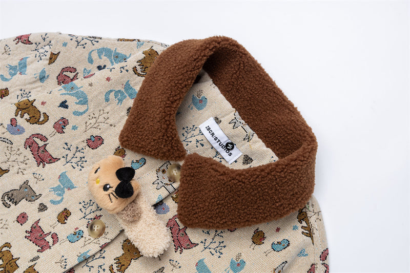 Cartoon Cat Allover Print Jacket with Fleece Collar & 3D Bear Clasp, Relaxed Fit