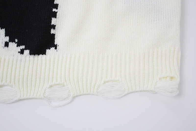 Oversize-Kreuz-Strickpullover – Distressed-Rundhals mit Jacquard-Kreuz