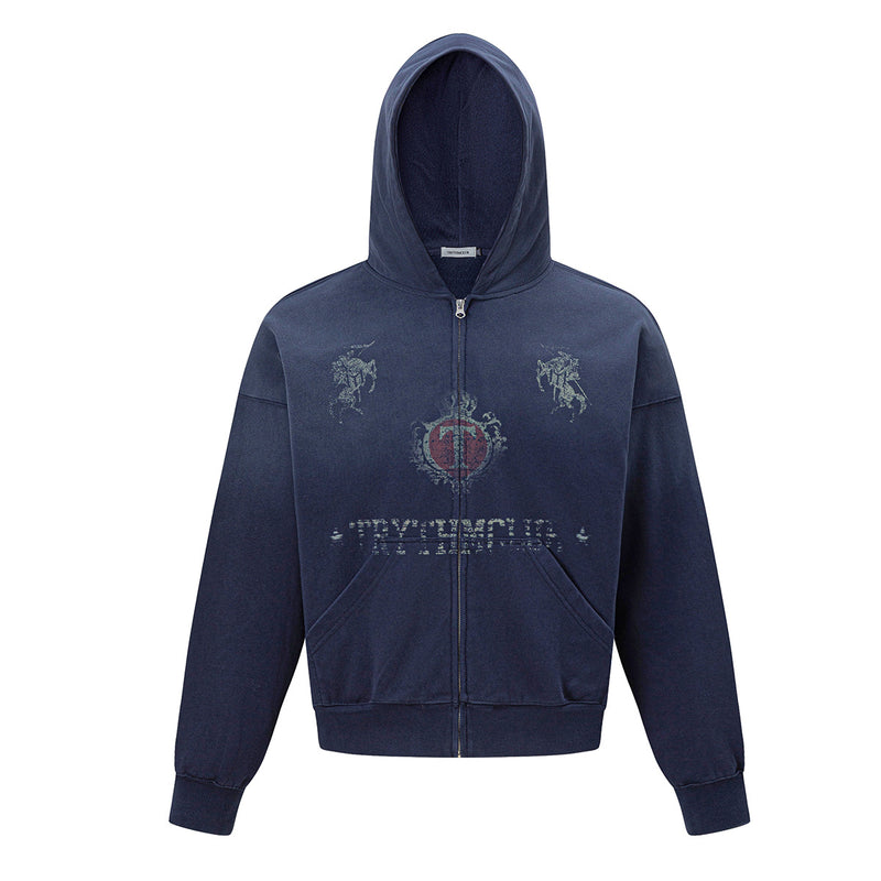 Sweat à capuche oversize zippé, imprimé chevalier vintage et blason héraldique bleu marine, style streetwear délavé